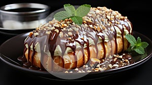 Delicious cream eclair with chocolate topping and hazelnuts