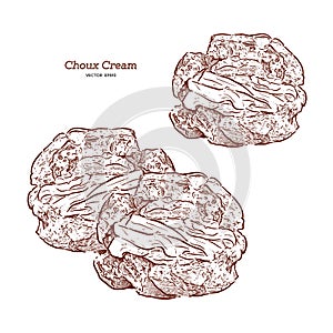 Delicious cream puff cakes with cream, hand draw.