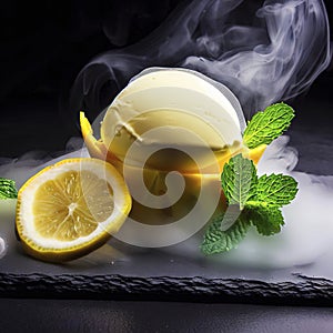 Delicious creamy and citrus lemon ice cream decorated with mint and served in smoke on a stone slate over a black background