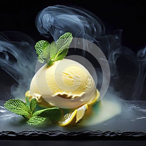 Delicious creamy and citrus lemon ice cream decorated with mint and served in smoke on a stone slate over a black background