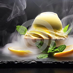Delicious creamy and citrus lemon ice cream decorated with mint and served in smoke on a stone slate over a black background