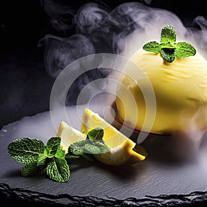 Delicious creamy and citrus lemon ice cream decorated with mint and served in smoke on a stone slate over a black background