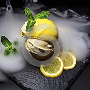 Delicious creamy and citrus lemon ice cream decorated with mint and served in smoke on a stone slate over a black background