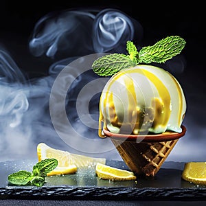 Delicious creamy and citrus lemon ice cream decorated with mint and served in smoke on a stone slate over a black background