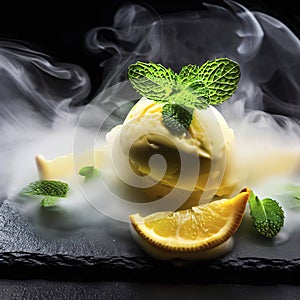 Delicious creamy and citrus lemon ice cream decorated with mint and served in smoke on a stone slate over a black background