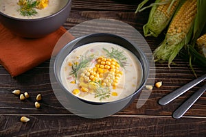 Delicious creamy corn soup in a bowl