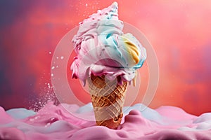 Delicious creamy icecream, ice cream scoops in waffle cones on pink background, AI Generated