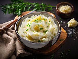 Delicious creamy mashed potatoes with butter, fresh herbs in a ceramic bowl on a wooden cutting board on dark background. Top view