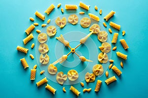 A Delicious and Creative ClockShaped Pasta Dinner A Visual Feast on a Vibrant Blue Background