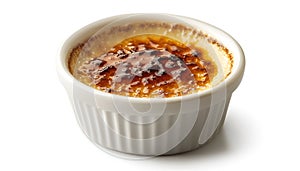 Delicious creme brulee in ceramic ramekin isolated on white