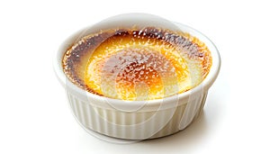 Delicious creme brulee in ceramic ramekin isolated on white