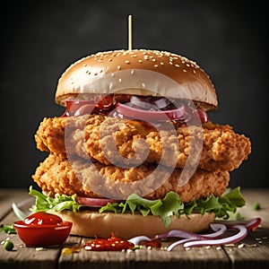 A delicious crispy chicken burger with fresh vegetables, cheddar cheese, Ai-Generated Images