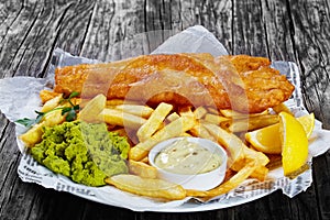 Delicious crispy fish and chips, close-up