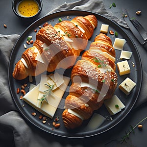 A delicious and crispy french croissants, with cheese and mozarella, food snapshots, bakery, bread