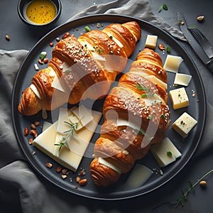 A delicious and crispy french croissants, with cheese and mozarella, food snapshots, bakery, bread photo