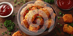 Delicious crispy fried breaded nuggets with ketchup on black plate. Dark background