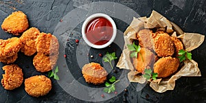 Delicious crispy fried breaded nuggets with ketchup on black plate. Dark background