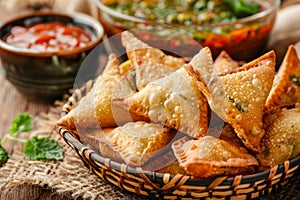 Delicious Crispy Golden Brown Samosas in Basket with Sauces and Fresh Herbs on Rustic Wooden Table