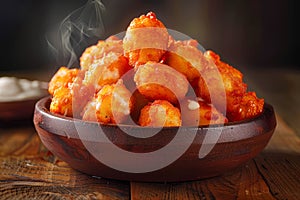Delicious Crispy Spicy Buffalo Cauliflower Bites in a Bowl with Steam and Sauce on Wooden Background