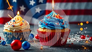 Delicious cupcake, American flag, holiday background sweet dessert