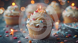 A delicious cupcake with buttercream frosting topped with a 2025 candle.