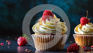 Delicious cupcake with cream on table. Tasty dessert. Sweet food. Dark blue background
