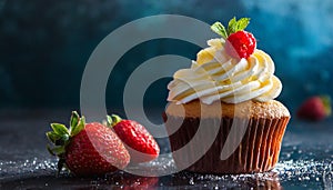 Delicious cupcake with cream on table. Tasty dessert. Sweet food. Dark blue background