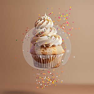 delicious cupcake floating in the air, professional food photography, studio background, advertising photography, cooking ideas