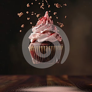 delicious cupcake floating in the air, professional food photography, studio background, advertising photography, cooking ideas