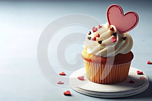 Delicious cupcake with a heart for Valentine's Day, copy space on solid background. ai generative