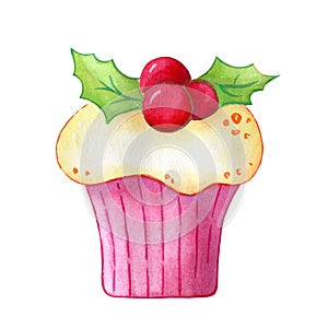Delicious cupcake with white icing and red berries, watercolor hand-painted