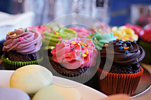 Delicious cupcakes with different colours and flav