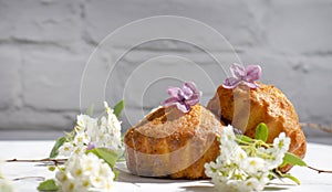 Delicious cupcakes with flowers  pastry kitchen  decor on a light background