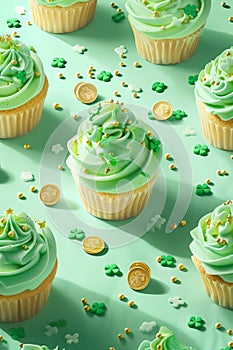 Delicious cupcakes with green frosting decorated with shamrock sprinkles and gold coins for a festive St. Patrick's