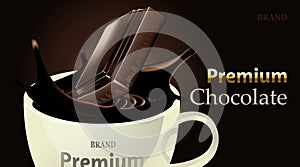 Delicious dark chocolate drink in a cup and splash chocolate on brown color background, luxury Dessert