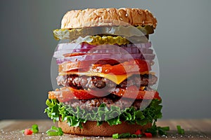 Delicious deconstructed hamburger with fresh ingredients on a wooden table