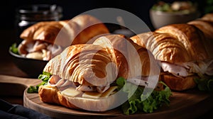 Delicious deli turkey croissant sandwiches. Close - up, Generative AI