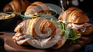Delicious deli turkey croissant sandwiches. Close - up, Generative AI