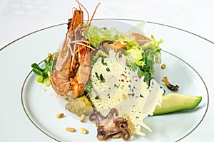 Delicious delicacy. King prawn with vegetables and herbs. Horizontal frame