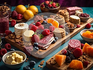 Delicious dessert and appetisers Charcuterie board, ideal dish to start the happy dinner