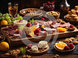 Delicious dessert and appetisers Charcuterie board, ideal dish to start the happy dinner