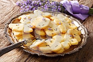 Delicious dessert food: lavender shortbread cookies close-up on