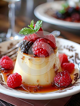 delicious dessert of milk, cream and red berries creado con inteligencia artificial+ photo