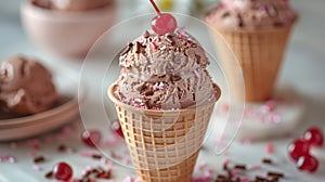 delicious dessert options, indulge in a sweet and creamy chocolate ice cream cone, topped with sprinkles and a cherry, a
