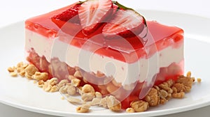 Delicious dessert with piece of cake or pastry topped with fresh strawberries. Perfect for sweet