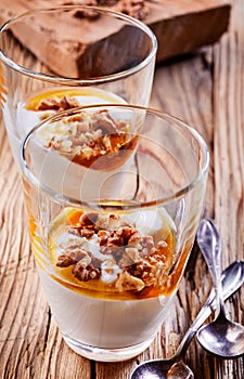 Delicious dessert with yogurt, honey and walnuts