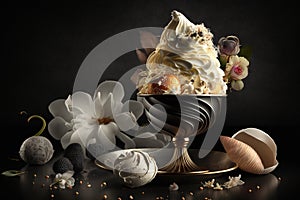 Delicious desserts on a plate, baroque, gourmet photography with flowers