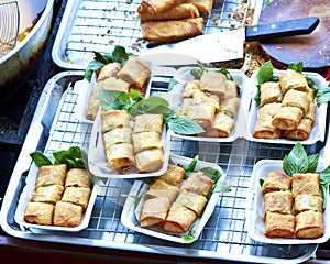 Delicious dim sims, toasts spring rolls ready to serve.