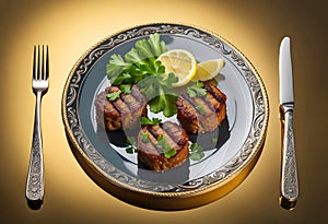 Delicious dish Cig Kofte with lemon lettuce and parsley served on a plate transparent background