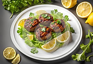 Delicious dish Cig Kofte with lemon lettuce and parsley served on a plate transparent background